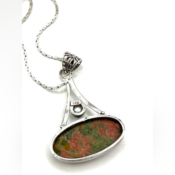 Vintage Large Green Orange Unakite Jasper Pearl Sterling Silver Necklace Pendant - Picture 6 of 13
